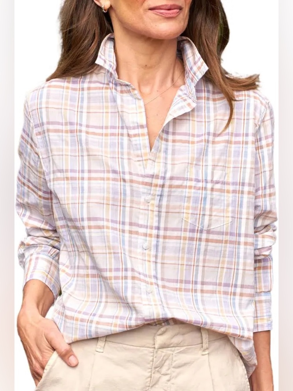 Frank & Eileen Eileen Relaxed Button Up Shirt XL Sand Purple Plaid Cotton